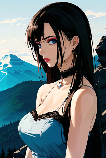 akamatsu ken <lora:akamatsu_ken_offset:1>, 1girl, solo, long hair, black hair, choker, breasts, earrings, blue eyes, jewelry, lipstick, makeup, dark, bare shoulders, mountain, night, upper body, dress, large breasts,  ((masterpiece))