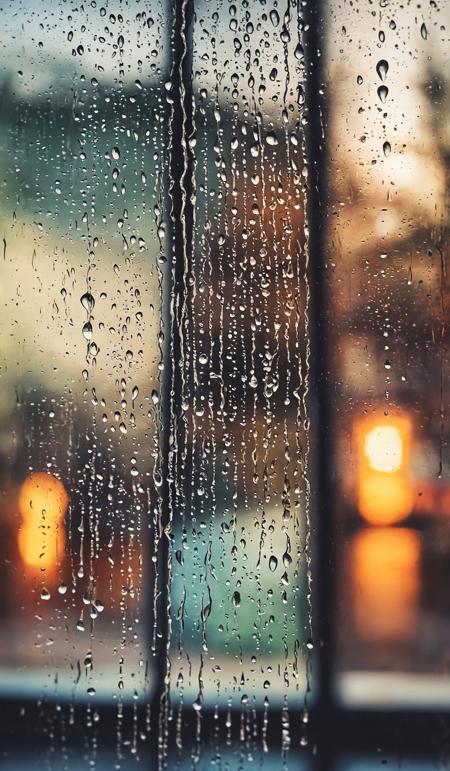 Closeup through window of rainy day with water dripping down glass against blurred colorful background. Dramatic unusual scene. Beauty world. Retro filter and vintage style. Instagram toning effect, breathtaking photograph.