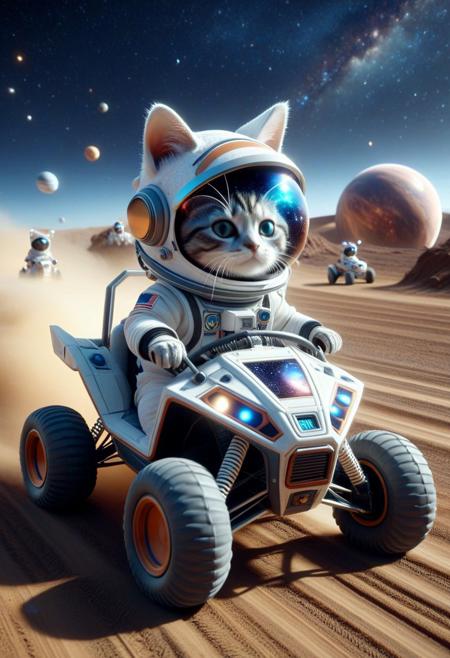 (made of CosmicStyle:1.3),  CosmicStyle, from side, closeup cute small 4WD buggy made of CosmicStyle, astronaut cat driving, wear round goggles, wear animal ears helmet, wear astronaut suit made of CosmicStyle, run through on space planet dirt road, Dust, (surround by multiple cute small buggys:1.2), space, galaxy, cinematic, cinematic lighting, (masterpiece, best quality:1.4), ultra-high res, 4k, Photorealistic, insanely detailed, sfw,
