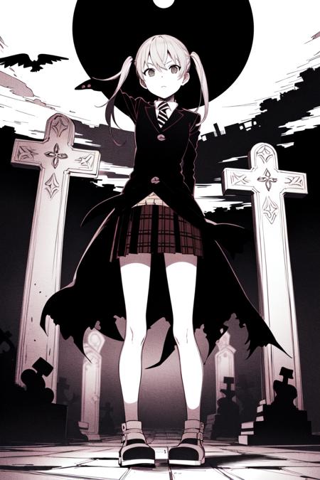 masterpiece, best_quality, 1girl, solo, maka albarn, soul eater, twintails, black coat, plaid skirt, graveyard, tombstone, night, to8contrast style