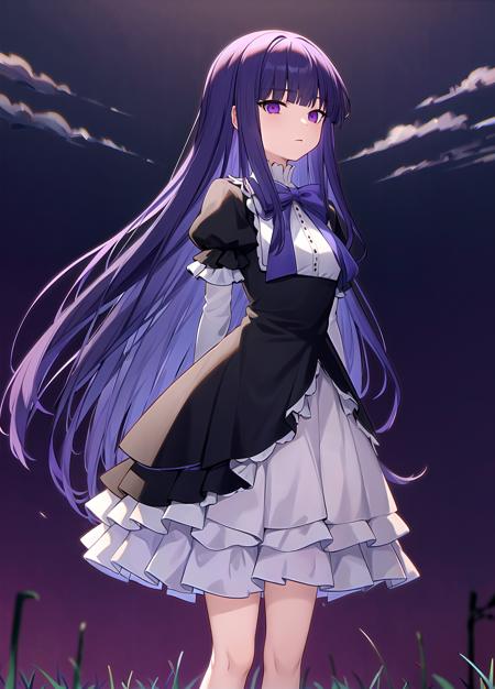 masterpiece, best quality, highres, Frederica Bernkastel, small breasts,  red lights everywhere, standing, outdoors, hands behind your back, background empty field to the horizon, dark background,  dark clouds sky, long hair, blue hair, blunt bangs, purple eyes, bowtie, frills, black dress, puffy sleeves, short over long sleeves, long sleeves, legs, dress, <lora:Frederica Bernkastel anylora8ep40r50r80r-000006:0.7>,   cat tail