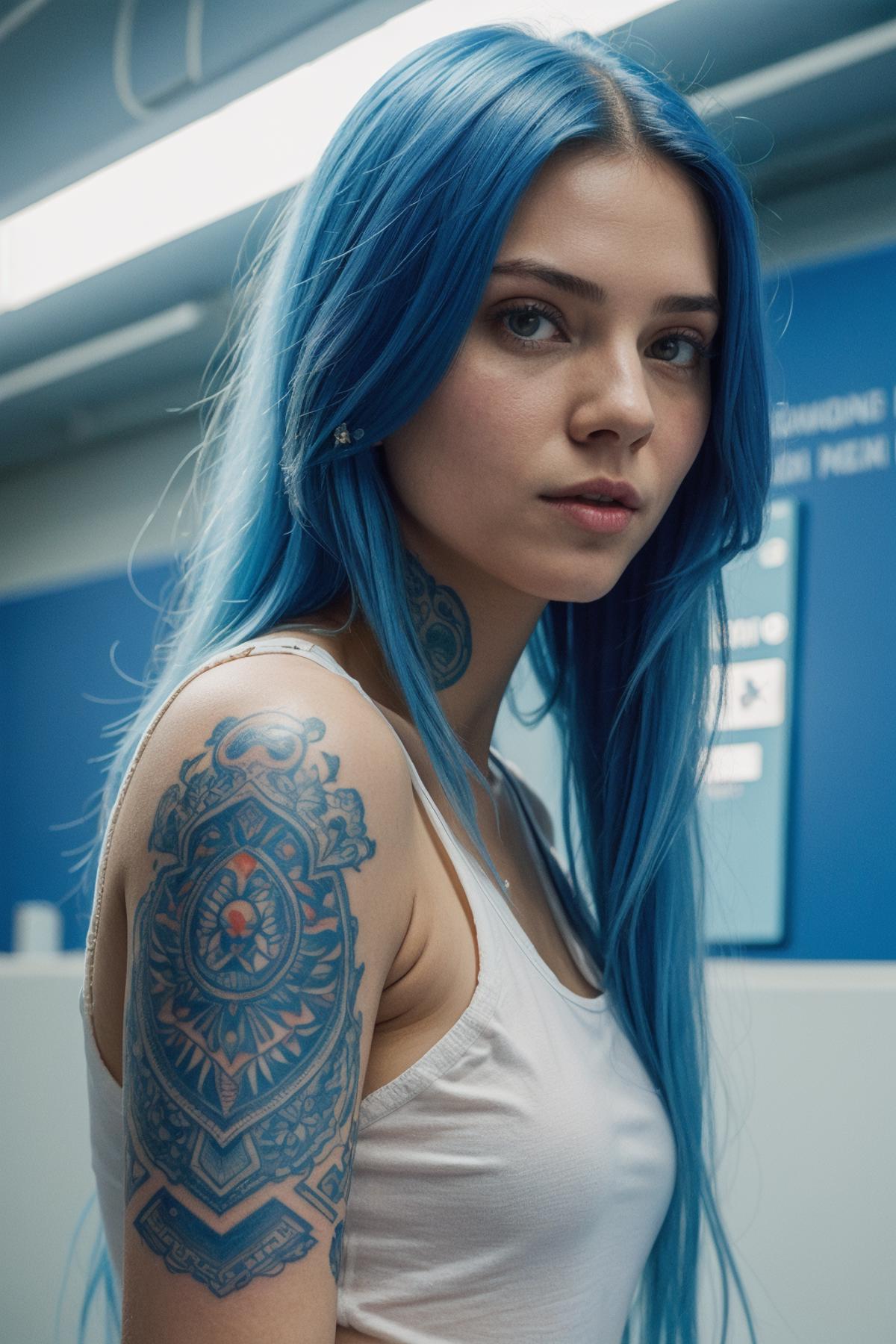 Blue-haired woman with tattoos and a white shirt.