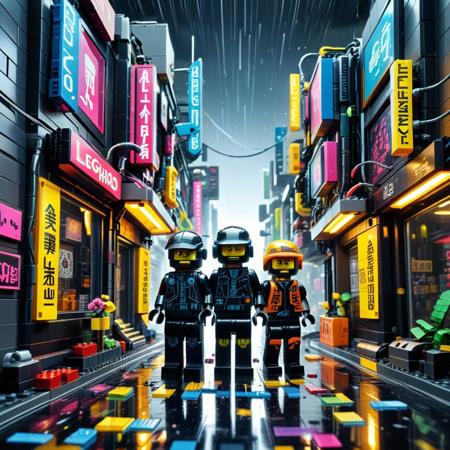 a cyberpunk alley recreated from dark LEGO blocks, neon signage clipped from fluorescent plates, rain simulated with clear rods, minifigs wearing visor helmets and cyber limbs, glowing puddles reflecting blocky silhouettes, LEGO