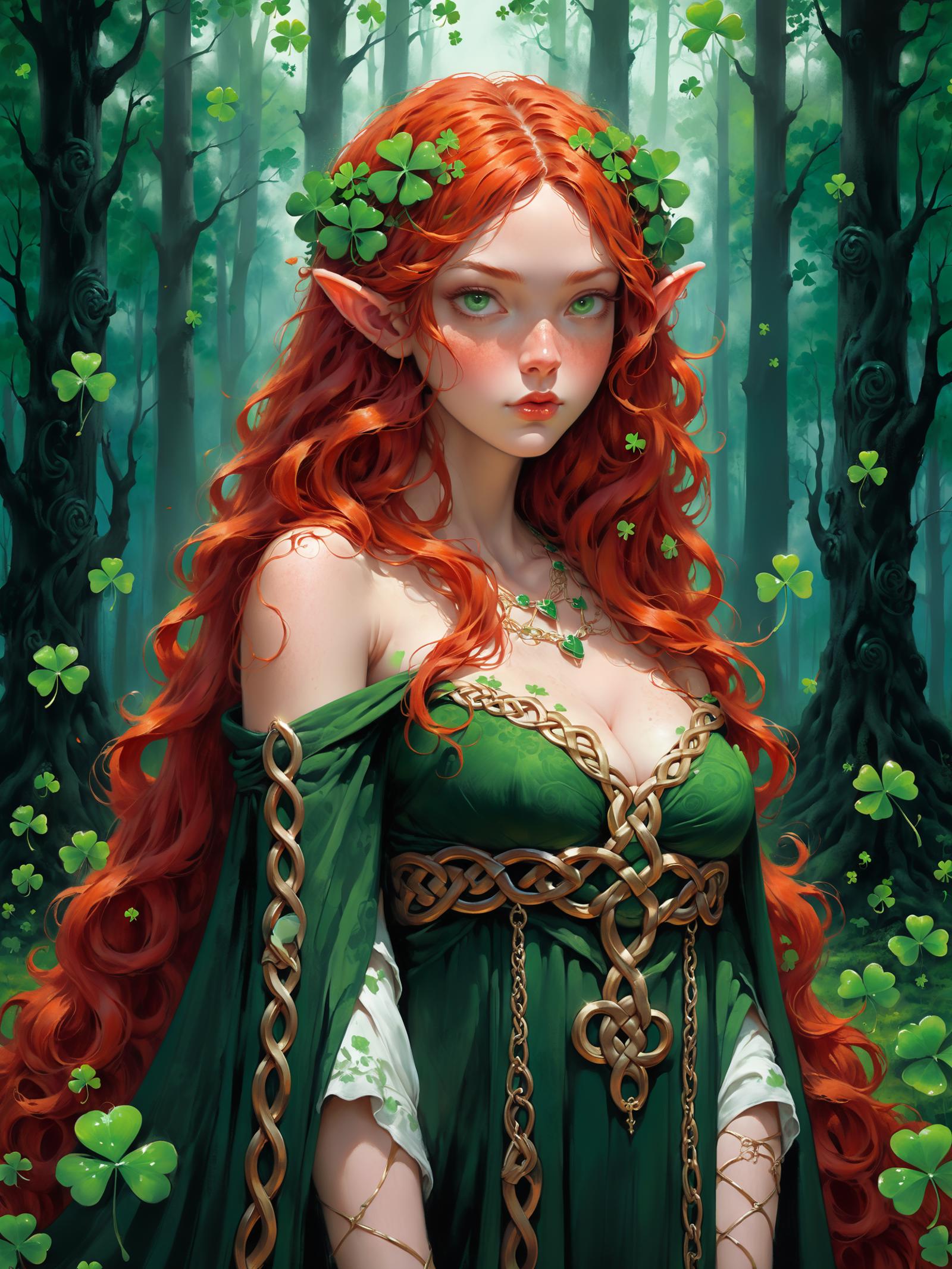 Celtic young red-headed druid, ample ornate flowing druidic robes (made of four-leaf clovers), forest background, irish th...