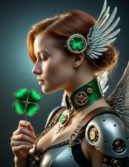 <lora:ShamrockWorldXL:0.8>ShamrockWorld,clover, four-leaf clover, light particles,
Best quality, amazing quality, masterpiece,
absurd, SFW, , cinematic photography,
one woman, solo, sci-fi, no face, angel, wings, simple background, profile, robot made of gears, metal frame, outdated, depth of field, mix of organic and robotic elements, white and silver, front, descending,
volumetric lighting, UHD, illustration, no face, , , steampunk, headshot, profile, no face, cyborg, cloverleaf in hand,