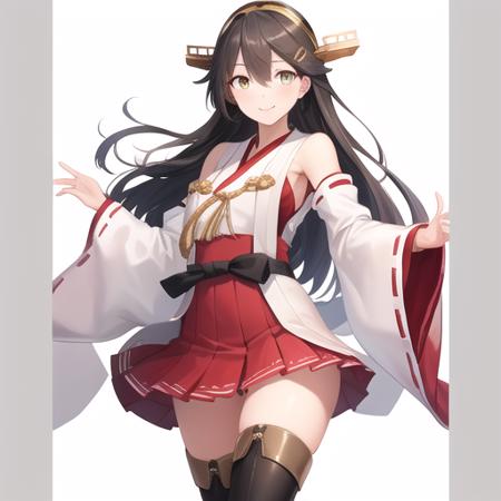 (masterpiece, best quality:1.2),illustration,8k,hd,1girl,solo,cowboy shot,black hair,gold eyes,long hair,hairband,headgear,hair ornament,hairclip,nontraditional miko,japanese clothes,detached sleeves,ribbon-trimmed sleeves,smile,wide sleeves,red skirt,pleated skirt,hakama skirt,waist bow,thigh boots,thighhighs,<lora:Haruna(kan)>,