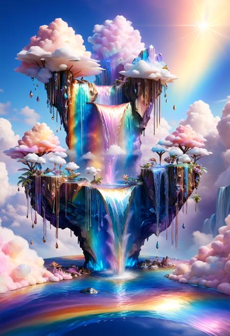 made of l1qu1dp34rl, metal, mother of pearl, aidmamj6.1, 
floating islands with pearlized rock surfaces, rainbow shimmering waterfalls cascading into the sky, pastel colored clouds, glowing crystal vegetation, dreamy fantasy world, ultra detailed surreal textures, iridescent atmosphere, soft luminous light
high quality, masterpiece, 8k