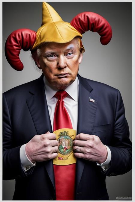 Mr Not-Giving-Back-the-Power (wearing a jester hat), finally brought to justice, defeated by the american public when they realize that the only thing he's been doing is weakening their democracy and enriching himself and making everything more expensive for the ordinary citizen, They have been fooled and are now claiming their revenge,