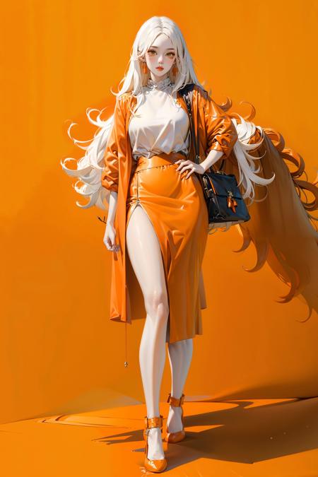 <lora:colorful-000004:1>, (xx)
(xx),(full body:1.6),orange_background, 1girl, jewelry,carrying a stylish bag, earrings, orange_sky, orange_theme, solo, mole, long_hair, mole_under_eye, upper_body, grey_eyes, looking_at_viewer, sunset,white hair,(orange skirt:1.4), Fashion,