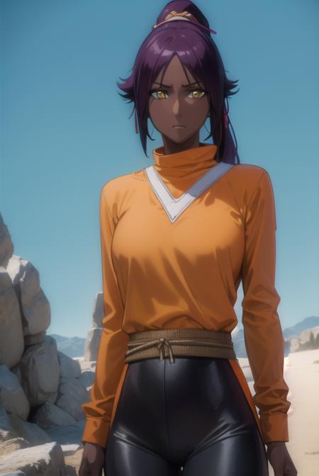 yoruichishihouin, <lyco:yoruichishihouin-lyco-nochekaiser:1>,
yoruichi shihouin, long hair, (yellow eyes:1.5), ponytail, purple hair, dark skin, (dark-skinned female:1.5),
BREAK bodysuit, black bodysuit, bodysuit under clothes, (orange shirt:1.5), long sleeves,
BREAK outdoors,
BREAK looking at viewer, (cowboy shot:1.5),
BREAK <lyco:GoodHands-beta2:1>, (masterpiece:1.2), best quality, high resolution, unity 8k wallpaper, (illustration:0.8), (beautiful detailed eyes:1.6), extremely detailed face, perfect lighting, extremely detailed CG, (perfect hands, perfect anatomy),