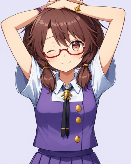 usami sumireko,1girl, solo, glasses, one_eye_closed, smile, purple_skirt, necktie, white_background, short_sleeves, simple_background, purple_vest, white_shirt, looking_at_viewer, alternate_costume, twintails, closed_mouth, pleated_skirt, arms_up, red-framed_eyewear, choker, collar, no_headwear, buttons, cowboy_shot, serafuku
<lora:usami_sumireko_image1686_2023-12-20-000014:1>,star-shaped_pupils,symbol-shaped_pupils,. gorgeous,key visual, vibrant, studio anime,award-winning, professional, highly detailed,high budget, cinemascope