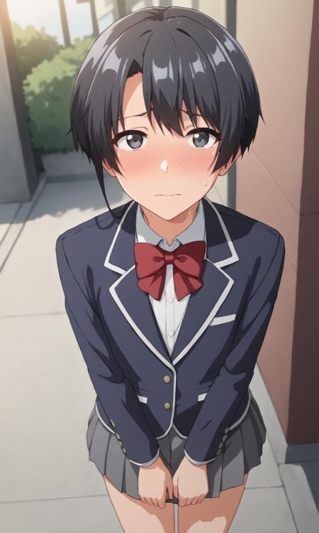 yuzukun, blueish black hair, blueish black eyes, short hair, bangs blue suit, red tie, brown backpack bowtie, jacket, school uniform, red bowtie, shirt, blazer, bra