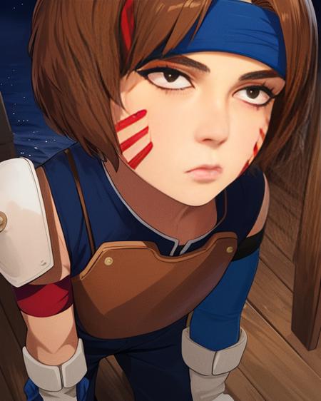 Smellerbee, petite,, short brown hair,  red facial mark, brown eyes , eyeliner, bored expression,  close up,   fullbody, 
SmelAtt, dark blue headband, (white gloves), leather chest plate, single shoulder pad, red armband , pants, boots, blue pelvic sash
nighttime, large wooden boat, sea,
(insanely detailed, beautiful detailed face, masterpiece, best quality)    <lora:Smellerbee:0.8>