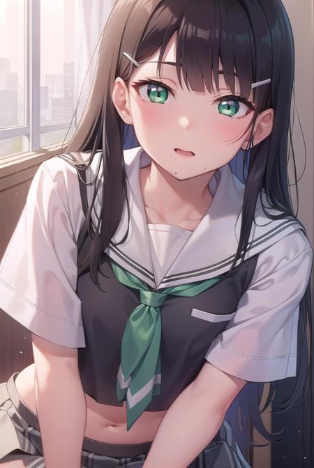 diakurosawa, <lora:diakurosawa:1>, dia kurosawa, black hair, (green eyes:1.5), blunt bangs, grey skirt, hair ornament, hairclip, mole, mole under mouth, (small breast:1.2),
BREAK grey skirt, midriff peek, pleated skirt, school uniform, serafuku, short sleeves, skirt, uranohoshi school uniform,
BREAK looking at viewer,
BREAK indoors, classroom,
BREAK <lyco:GoodHands-beta2:1>, (masterpiece:1.2), best quality, high resolution, unity 8k wallpaper, (illustration:0.8), (beautiful detailed eyes:1.6), extremely detailed face, perfect lighting, extremely detailed CG, (perfect hands, perfect anatomy),