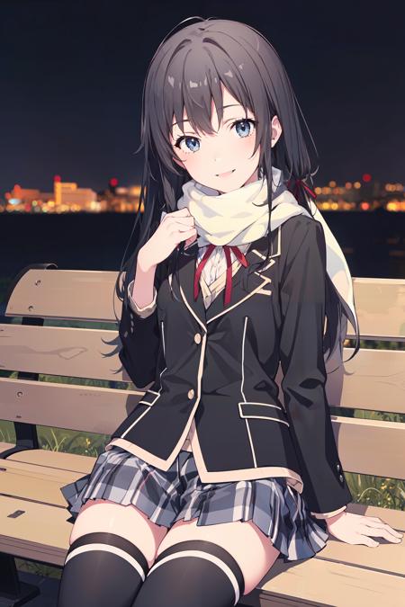 (masterpiece, best quality:1.4), looking at viewer, cowboy shot, yukino yukinoshita, scarf, hair ribbon, school uniform, black jacket, plaid skirt, thighhighs, outdoors, night, bench, smile, <lora:yukino_yukinoshita_v1:0.7>