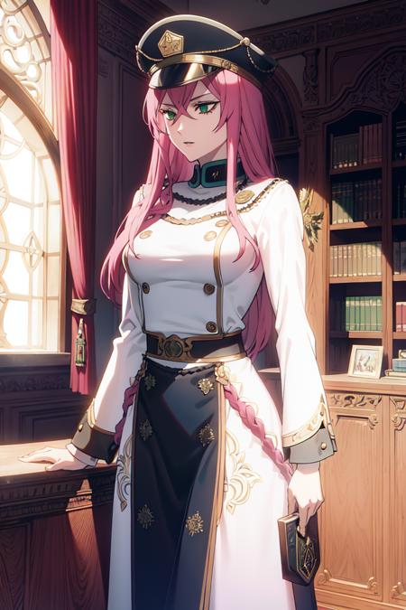 masterpiece, ((ultra detailed background, delicate pattern, intricate detail)), (highly detailed, fine details), best quality, ((medium breasts, slim girl)), Princia, 1girl, solo, long hair, military hat, cap, fur trim, military uniform, green eyes, ((pink hair)), peaked cap, (complex detailed background, complex detailed background, inside, castle room environment, medieval castle, gray walls, window, bookshelf),  ((cowboy shot)),   <lora:Princia:0.9>