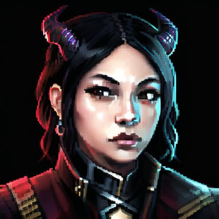 , (masterpiece:1.3), ((best_quality)), (absurdres), 1girl, portrait, simple_background, black_background, <lora:starsector portraits original:0.6> , demon_girl, horns