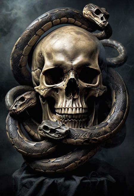 super realistic skull with snakes, foggy dark in background, masterpiece