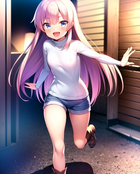 ((masterpiece)), ((best quality)), ((highres)), ((detailed background)), ((extremely detailed CG unity 8k wallpaper)), solo, <lora:satou hina:0.8>, satou hina, pink hair, blue eyes, long hair, (white turtleneck), (jean shorts), brown boots, smile, fang, running, outdoors