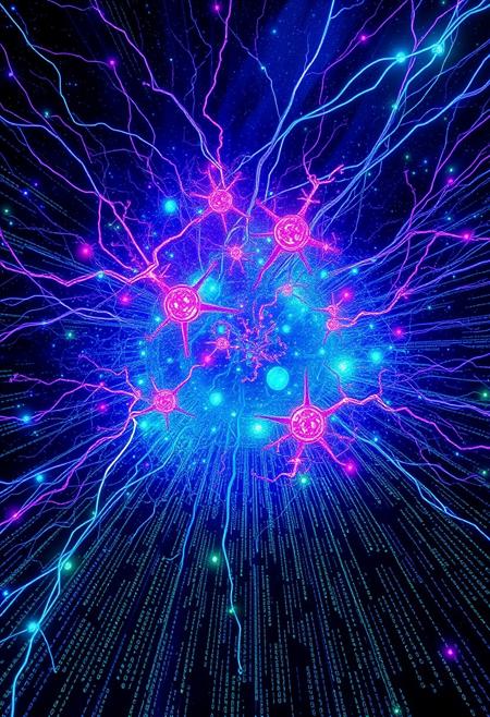 A vibrant, swirling vortex of interconnected neurons forms the central focus, pulsing with electric blues, vivid purples, and glowing greens. These neural pathways morph seamlessly into streams of binary code and floating mathematical equations.
An infinite mirror effect shows layers of reality folding in on themselves
The background shifts between a cosmic starfield and a matrix-like digital rain, blending the vast potential of space with the infinite possibilities of the digital realm.
This image aims to capture the wonder, complexity, and potential of AI, appealing to those interested in its technical aspects, philosophical implications, and creative applications.