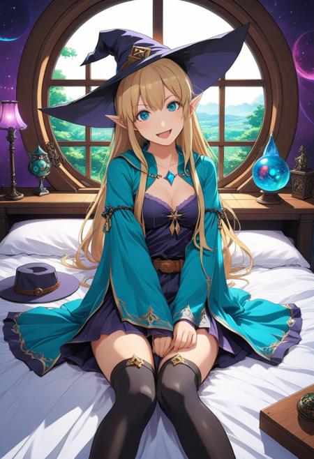 A masterpiece anime image of a witch school bedroom with fantasy decorations, circular window, ornamented wooden bed and desk
BREAK
Mid shot anime of a witch girl with long blonde hair, blue and turquoise silk wizard robe, skirt, wide witch hat, shot from above, looking at the camera, happy pleasure expression, expressive, detailed eyes iris, the girl is laying on the bed, playing with herself, 
BREAK
AMAZINGLY DETAILED, ultra detailed, aesthetic high resolution, high quality, Legend of Zelda style, Ghibli style, anime, Cowboy bebop style