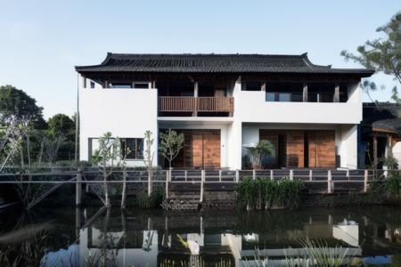 zhuai_rural architecture, new chinese style, single house, front view, scenery, tree, outdoors, house, building, window, fence, sky, reflection, day, water, grass, reflective water, plant, bush, 
best quality, realistic, photorealistic,ultra detailed,8K,High quality texture,intricate details,detailed texture,finely detailed,
RAW photo, photo of building, (high detailed skin:1.2),  uhd, dslr, soft lighting, high quality, film grain, Fujifilm XT3
 <lora:rural architecture_v1.0-000018:1>