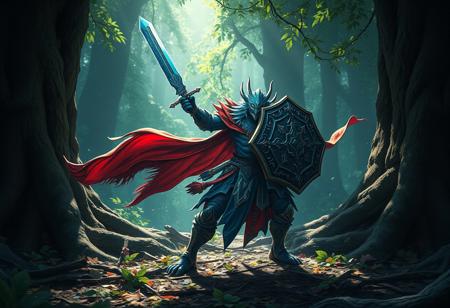 expert An intricate A vibrant blue and green Abyss Warrior with a flowing red cape stands dynamically in a verdant forest, ready for battle. Sword gleams in dappled sunlight, shield raised. Forest floor of leaves & twigs, rough tree trunk background. Epic composition, powerful action pose, dramatic lighting. Splash Ink Illustration, Octane Render, Unreal Engine 5, cinematic, trending on Artstation. High detail, stunning colors.