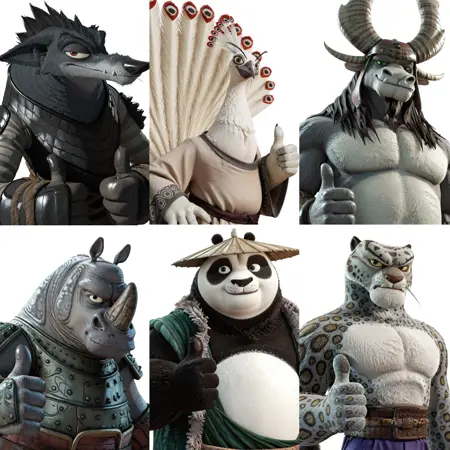 Kung Fu Panda Characters Pack : Boss Wolf, Li Shan, Tai Lung, Kai, Shen, Rhino Guard