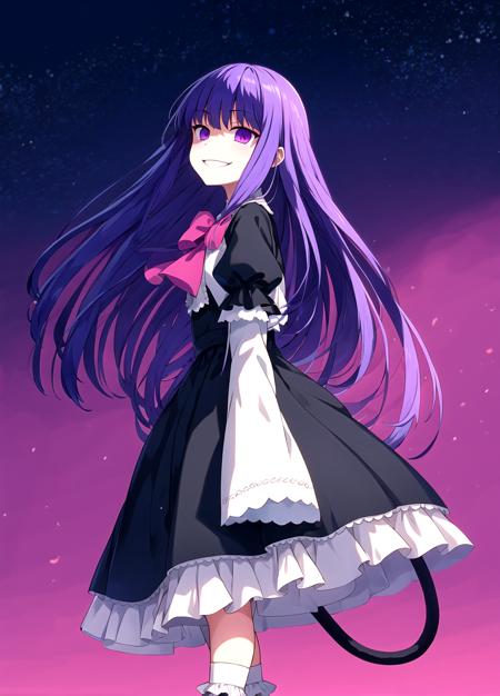 facing us, masterpiece, best quality, outdoors, red clouds, red lights everywhere, frederica bernkastel, hands behind your back, background empty field to the horizon, dark background,  dark clouds sky , 1girl, tail, solo, purple eyes, dress, long hair, cat tail, blue hair, bow, ribbon, kneehighs, frills,    <lora:Frederica Bernkastel anyloraCheckpoint8ep26ryes40-000006:0.7>, yandere, evil smile, closed mouth, dark, pink theme, pale skin, shaded face,  <lora:yameroyandere-v2:0.7>