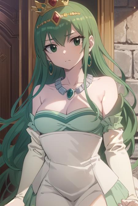 hisui, long hair, (green eyes:1.5), green hair, hair between eyes, dress, cleavage, bare shoulders, jewelry, earrings, necklace, tiara, crown,