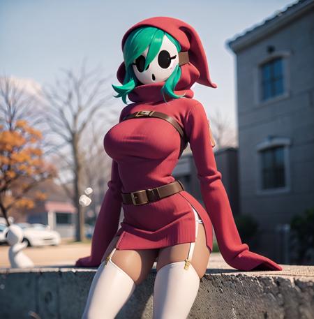 3d, blender, solo focus, foreground focus, 1girl, dress, hood, mask, hollow eyes, hood up, red dress, boots, brown belt, green hair, white thighhighs, garter straps, blue footwear (sleeves past fingers, sleeves past wrists), large breasts, (knees together feet apart)