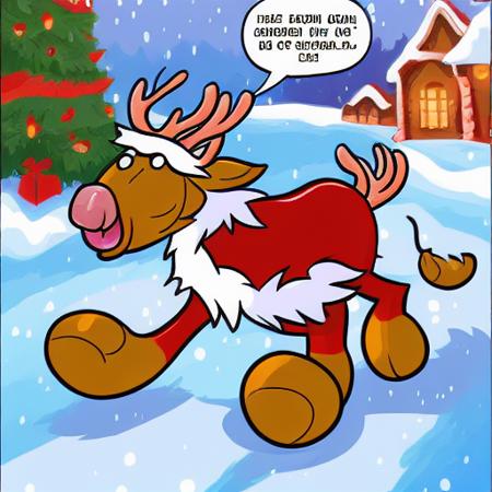 The face is hideous,Angry Reindeer Comic Style run on the snow, Christmas Day, Art Baltazar,Master Works, American Comics, Clear Lines, Cartoon Art, Vivid Colors,8K,The logic is clear<lora:Art Baltazar:0.3>