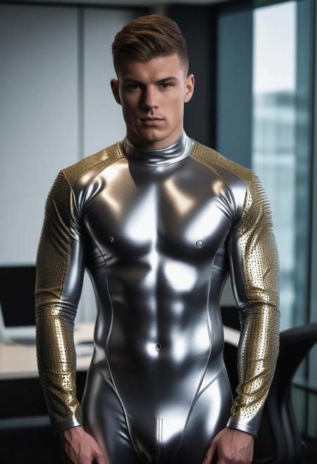 two strong 26-year-old britsh bodybuilder males, with a side fringe curtains hairstyle, detailed face, confused expressions, wearing a skin tight silver latex cybernetic suits with dark-gray and gold latex details, wearing skin tight dark-gray latex jockstraps over his latex suits, standing at attention posture,  on a modern office, looking to the camera, detailed face, professional photography, shot on sony a 7RIII , looking to the camera,  detailed skin face and eyes, natural lighting ,  film grain, low contrast, natural face,  dark circles under eyes