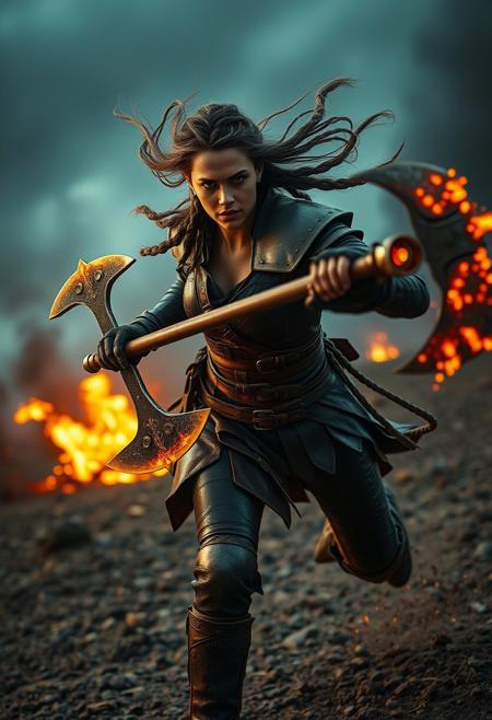 This is a high-resolution photograph, Drone follow shot captures a battle-hardened female worries with hot body proportion charging across a desolate battlefield. She wears leather armor and wields a glowing battle-axe, her braided hair whipping in the wind. Her eyes burn with fierce determination. Fire and smoke rise in the distance as she swings her axe, creating sparks and a trail of energy. A close-up focuses on her determined expression and dynamic movement, captured in a dark fantasy and stylized realism style.