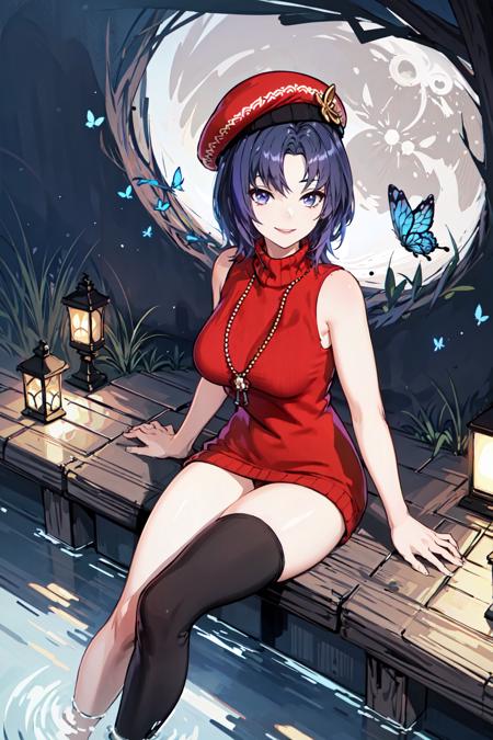 <lora:CarolSW4-000017:0.7>,hat.red sleeveless sweater,thighhighs, masterpiece,best quality,highres,cinematic lighting,dramatic angle, 1girl,butterfly,looking at viewer,smile,legs,sitting,water,woods,night,moon,seductive pose,huge breasts,