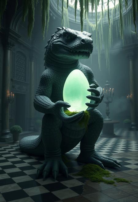 "Create a hyper-realistic image of a massive, reptilian statue chiseled from limestone, holding a large, delicate glass egg in its palm. The egg should be glowing with a soft, green light, and moss should be hanging out from underneath it, adding a sense of life and vitality to the scene. The reptilian statue should be intricately detailed, with textured scales and a powerful, muscular physique that gives the impression of ancient, primal strength. The statue should be standing on a checker patterned marble floor, surrounded by the opulent, decaying grandeur of a mist-shrouded mansion. Hanging moss should be dripping from the ceiling, and the air should be thick with mist, giving the impression of a long-abandoned, overgrown space. The overall effect should be one of eerie, mystical wonder, with a focus on the contrast between the rough, ancient stone of the statue and the delicate, glowing egg it holds." highest-Quality, 8 k, intricate details, visually stunning, Masterpiece