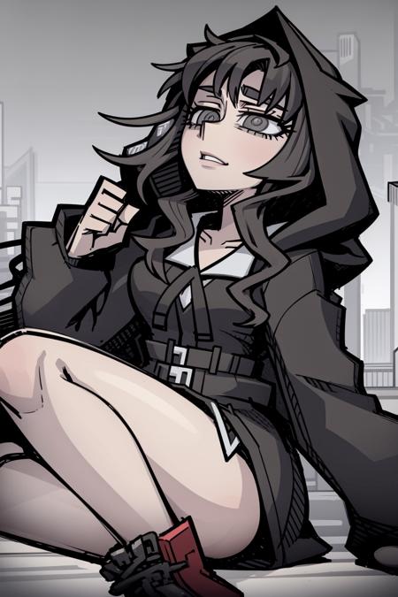 masterpiece, best quality, highly detailed,  shoka \(twewy\), 1girl, animal hood, black hoodie, grey eyes, black hair, city background, thick lineart