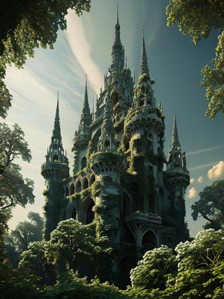 Fractalvines, A castle sculpted from fractalvines, its towers reaching towards the heavens, its walls adorned with intricate patterns of leaves and flowers. <lora:Fractal_Vines:1>  <lora:EnvyBetterHiresFixXL01:0:hr=1>
