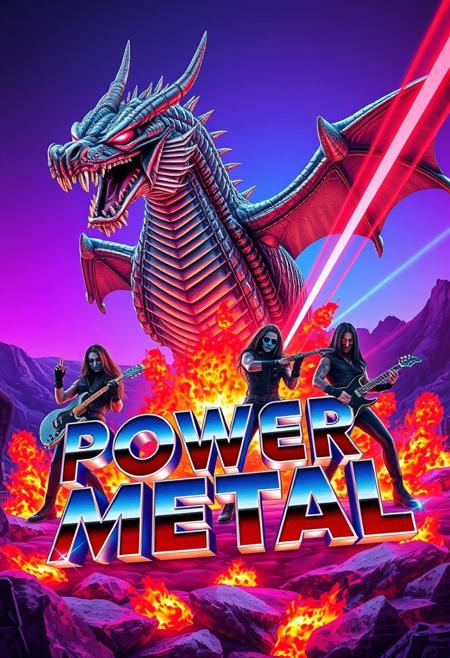 In a retro-futuristic landscape of purple and blue gradients, a cyberpunk dragon with metallic scales and glowing red eyes hovers menacingly. The POWER METAL logo in chrome text glows on the ground as a metal band performs amidst explosive orange and red flames. Band members in black cyber- punk battle suits with neon blue accents wield electric guitars like weapons, their poses dynamic and action-packed. Chrome textures and mechanical details abound, with laser beams shooting across the scene in bright neon colors.