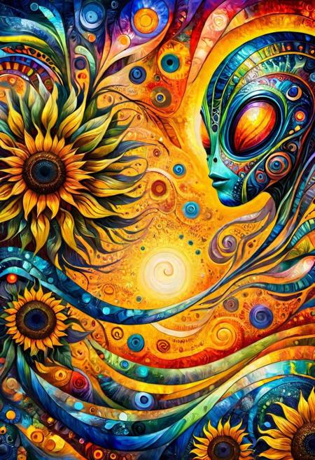 a magnificent swirl sunset made of millions of sunflowers on a strange and mysterious ocean alien palette. ral-colorswirl. It's very textured and detailed with dreaming lot of whirlwind multicolored and dreaming dust
