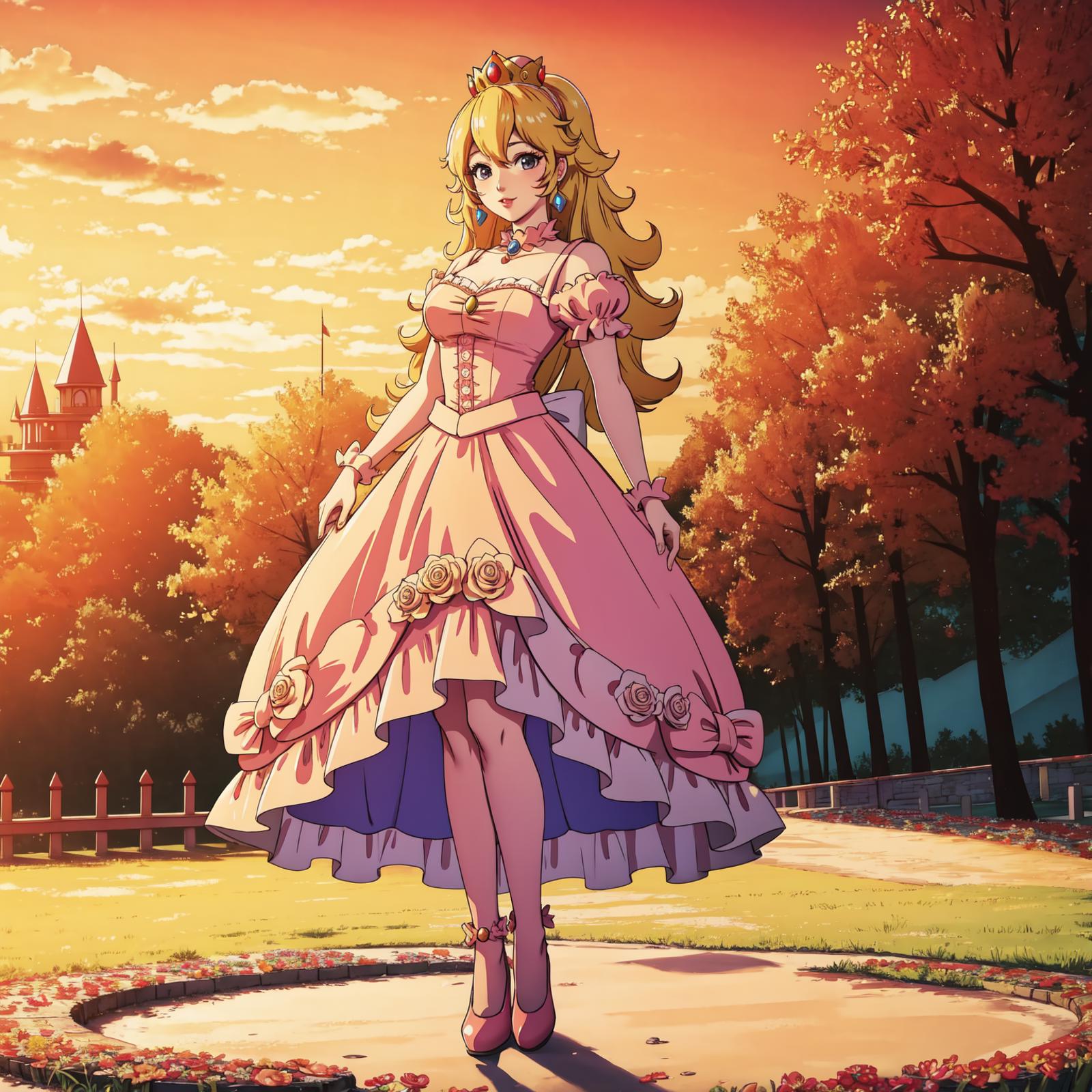 A beautifully drawn cartoon princess in a pink dress with yellow hair and blue eyes, standing in a sunny park.
