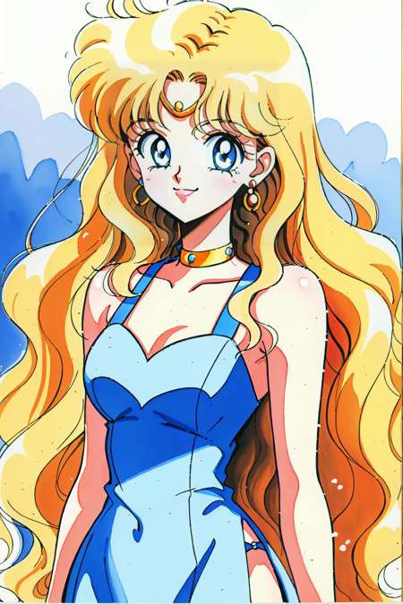 <lora:Naoko_Takeuchi:0.8> Naoko Takeuchi Style, 1girl, solo, long hair, smile, blue eyes, blonde hair, dress, bare shoulders, jewelry, very long hair, bracelet, wavy hair, traditional media, retro artstyle, 1990s (style), 1980s (style)