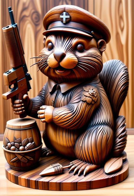 Masterpiece, detailed,
A carving of a beaver as Che Guevara with a beret and basket filled with guns and grenades, whimsical, surreal,
 realistic, gleaming, glistening, beautiful wood grain pattern, oiled.