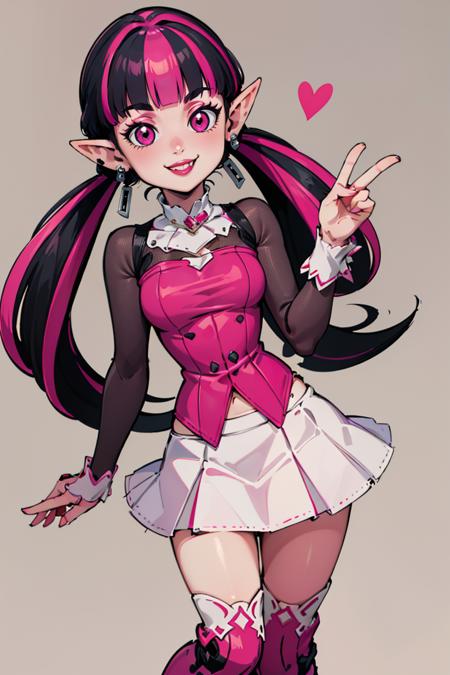 Draculaura_MH, solo, black hair, pink hair, multicolored hair, pointy ears, white skirt, pink knee boots, 