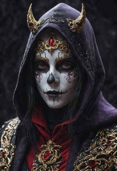 infernal aristocrat, white porcelain skin, wearing elegant black, red and purple hooded adorned with gold and ruby, in the style of unreal engine 5. Apocalypsecore backround.
Wide range of colors., Dramatic,Dynamic,Cinematic,Sharp details
Insane quality. Insane resolution. Insane details. Masterpiece. 32k resolution.
<lora:add-detail-xl:0.95> <lora:dvr-lnds-sdxl:0.3> dvr-lnds-sdxl <lora:MJ52:0.25> <lora:ral-apoctvisn-sdxl:0.3> ral-apoctvisn <lora:zavy-cntrst-sdxl:0.35> dark, chiaroscuro, low-key <lora:zavy-rmlght-sdxl:0.41> zavy-rmlght <lora:SDXLFaeTastic2400:0.225>