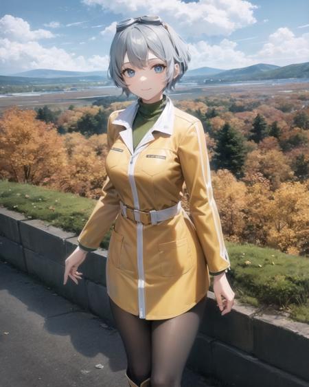 best quality, (masterpiece:1.2), illustration, absurdres,
(1girl, solo), (beautiful detailed girl),
<lora:Grace:0.9>, Grace Lynn, grey hair, short hair, blue eyes, medium breasts,
goggles, goggles_on_head, eyewear_on_head, 
yellow coat, green sweater under coat, white_pantyhose, (brown_boots),
(cowboy shot),,
overlooking distant mountains, distant river, (pine forest), autumn colors, sky, clouds, intricate, detailed background,,
smile, looking at viewer,