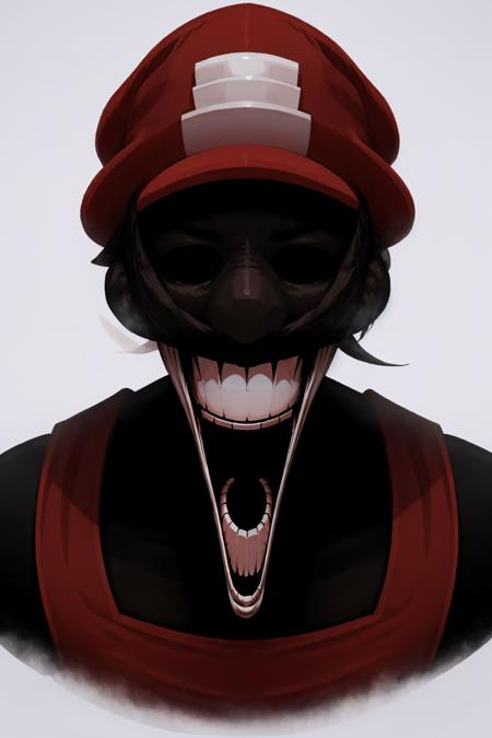 MX red headwear, white gloves, mustache no eyes dark, horror \(theme\), dark background giant, grin