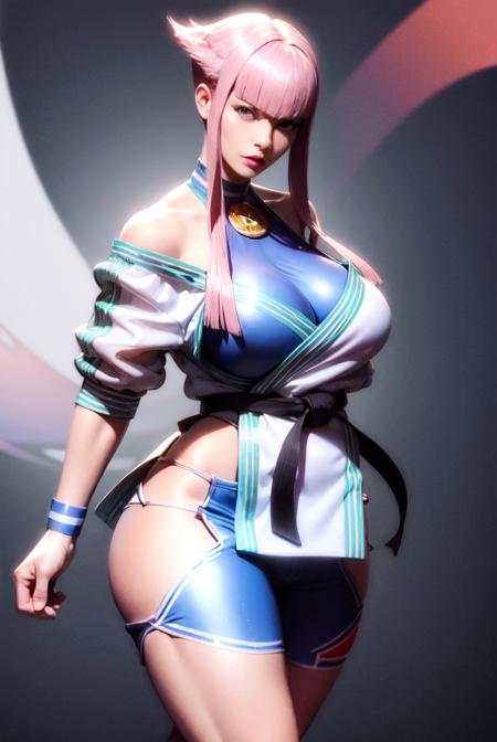 (masterpiece, best quality:1.2) 1girl, solo, looking at viewer, manon, sf6, pink hair, short hair with long locks, bangs, blue eyes, lips, large breasts, halterneck, dougi, hip vent, off shoulder, martial arts belt, shorts, (dynamic angle, fighting stance, leg up:1.1), <lora:MANON-15:0.7>