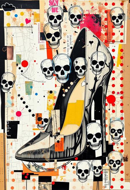 Outsider art. A surreal and deconstructed mixed-media collage in the style of Jacques Prévert with an urgent sense of chaos and energy. An analogue collage artwork blending fragmented styles, layers and textures. 
A punk stencil photocopy print of a magazine image of a high-heeled shoe. Print errors, halftone dots. grungy print registration errors. 
Layered over this obscuring the image are multiple fragmented and overlapping layers of chaotic thick paint, splatters of paint, palette knife oil paint, handwritten scrawled text messages, torn photographs and broken distorted vintage photographs filling the canvas. 
Layers sections of repetitive brightly coloured dots in Yayoi Kusama style. Fragmented skulls and abstract faces in Jean-Michel Basquiat style over the top. This hides sections of the image below. Outlines are roughly redrawn in black ink and thick oil paint. 
On the top layer are rough hand-drawn skulls and love hearts scrawled heavy-handedly in blue biro on to print.
The overall effect is manic and anarchic with an urgent sense of energy.