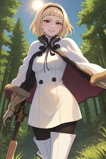 masterpiece, best quality,    <lora:OneDrakenGardV1-000080:1>, One, 1girl, blonde hair, red eyes, short hair, looking at viewer, smirk, standing, forest, trees, sun, sky, thigh boots, pantyhose, white capelet